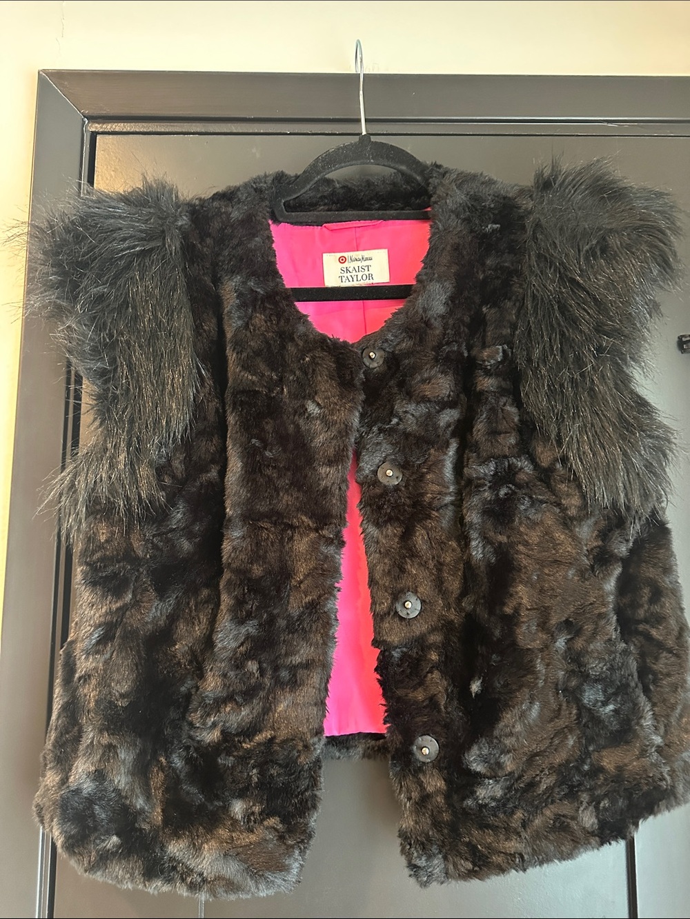 Skaist Taylor Woman’s Evening Black Faux Fur Vest with Pink Lining!